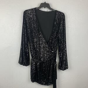 Free People Romper Womens Large Black Sequin Wrap Long Sleeve Party Dressy